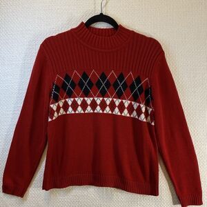 Argyle/Diamond Design Sweater Womens LP Dark Red White Black Comfy Crazy Horse